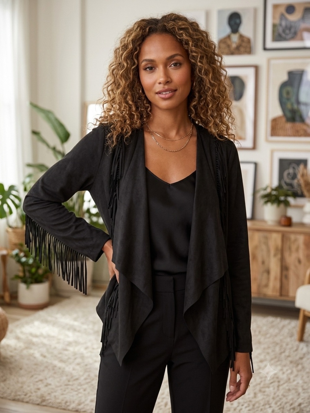 New! Colleen Lopez Black Faux-Suede Fringe Open Drape Jacket Size Large